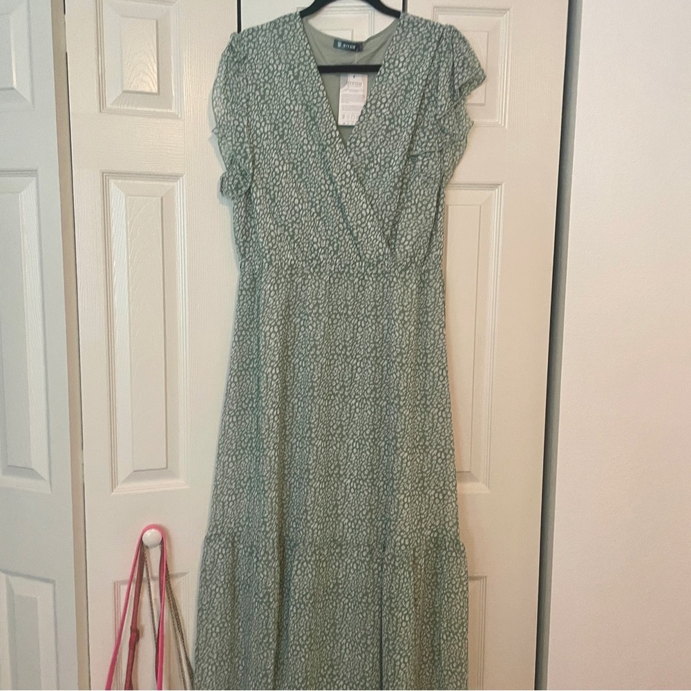 Women’s Wrap Maxi Dress, green leopard, XL